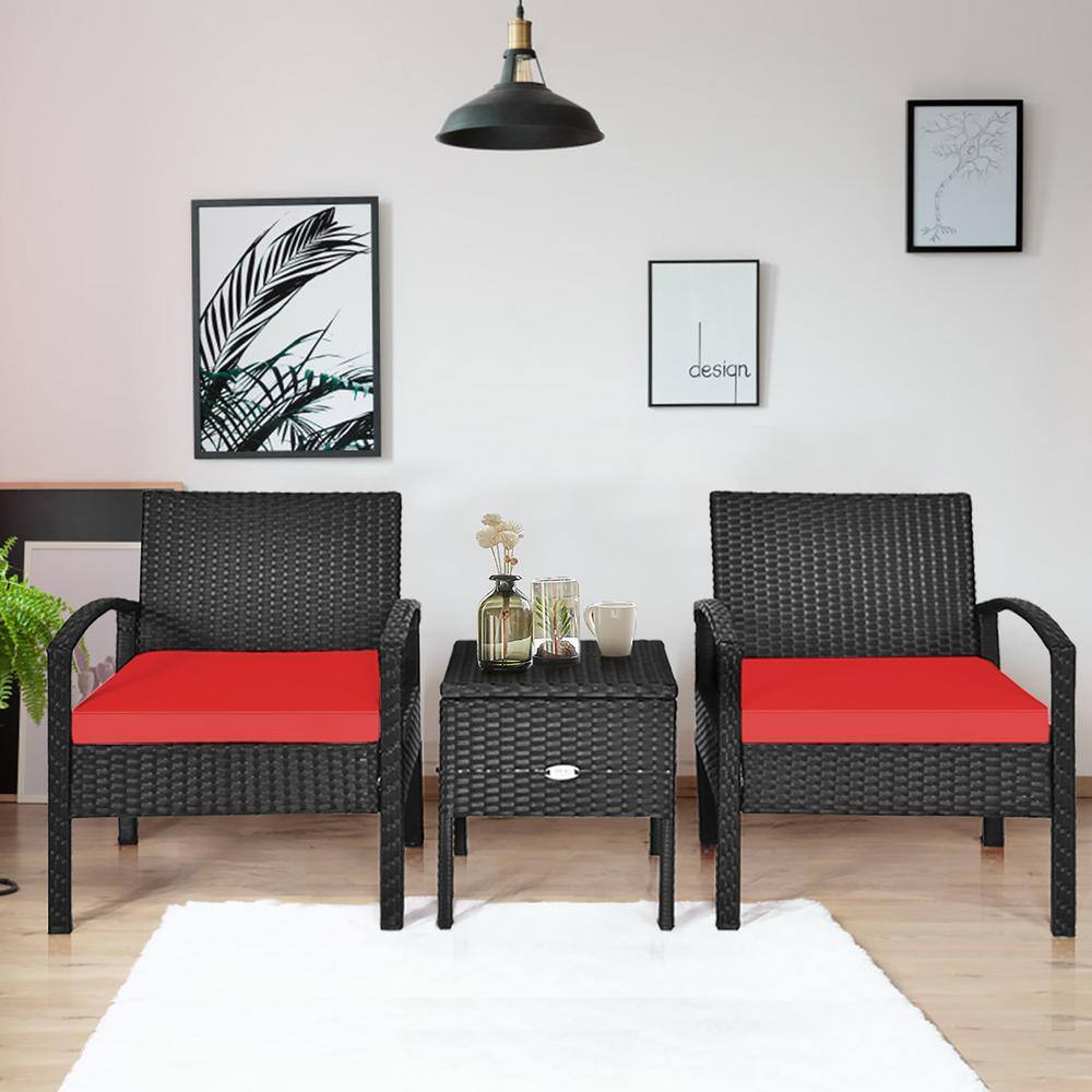 Red Cushioned Black Rattan 2-Person Patio Conversation Set