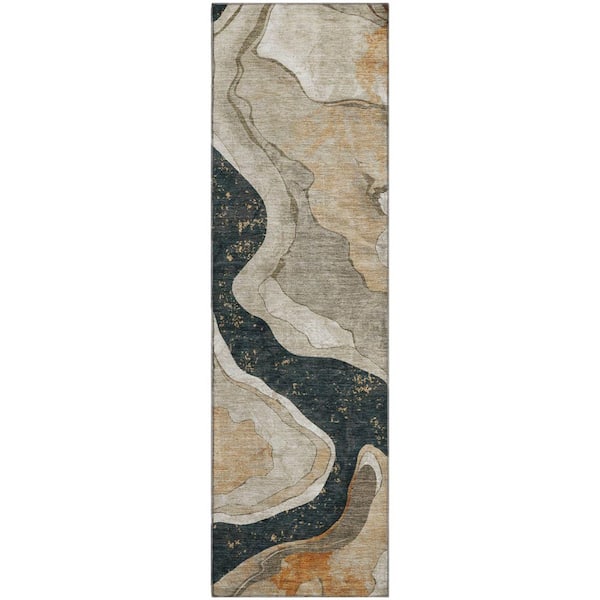 Mayfield Premium Machine Washable Abstract AMF2219 Putty 2 ft. x 7 ft. Runner Rug