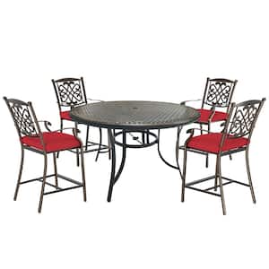 5-Piece Cast Aluminum Bar Height Outdoor Dining Set with Round Table Flower-Shaped Backrest Dining Chair and Red Cushion