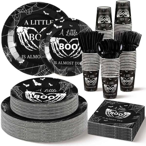 200-Piece Halloween "A Little Boo Is Almost Due" Disposable Tableware Set with Plates, Cups, Cutlery for Baby Shower