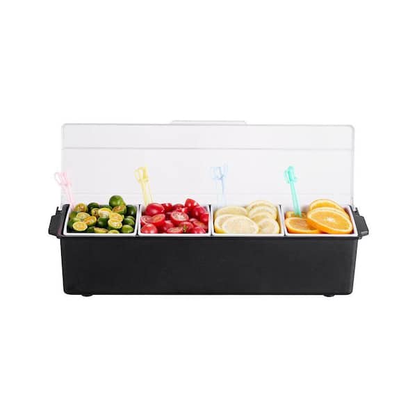 Chilled Condiment Server, 4 Compartment Ice Cooled Condiment Serving Container, Chilled Garnish Tray Bar Caddy with Lid