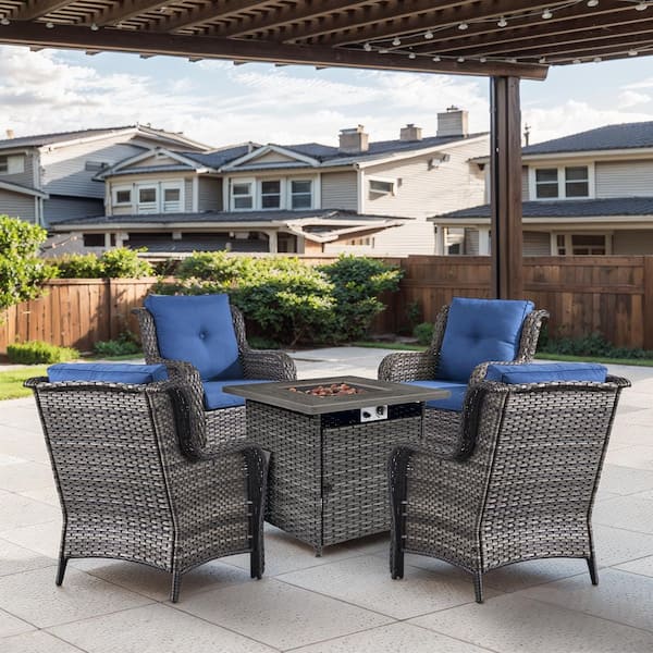 Gray 5-Piece Wicker Patio Fire Pit Set, Outdoor 4-Person Seating Set with Olefin Navy Blue Cushions and Armchairs