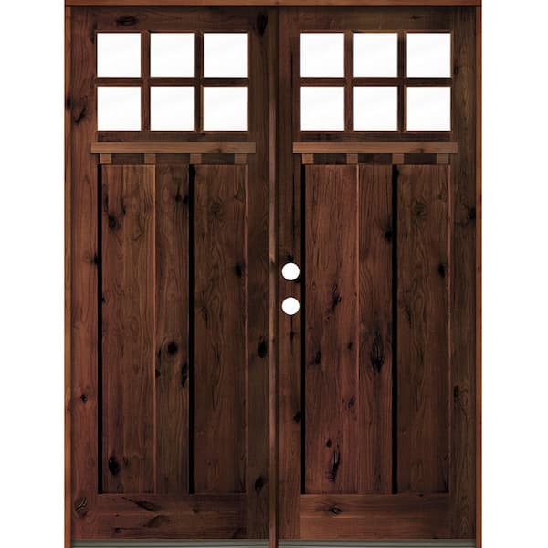 Krosswood Doors 72 in. x 96 in. Craftsman Knotty Alder RM Stained/Dentil Shelf Right-Hand 12-Lite Clear Wood Double Prehung Front Door