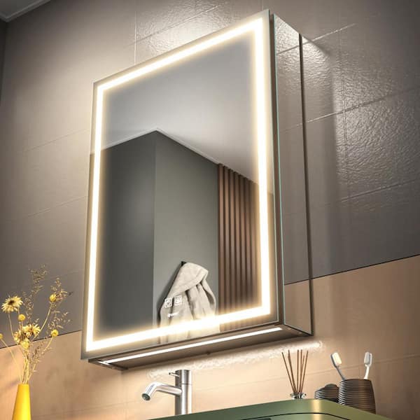 20 in. W x 28 in. H Large Rectangular Silver Wall Mount LED Lighted Medicine Cabinet with Mirror