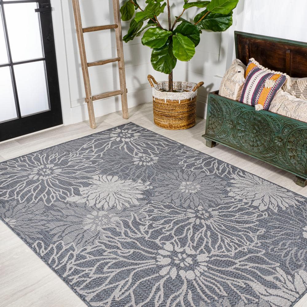 3' x 5' Navy and Gray Synthetic Floral Indoor/Outdoor Area Rug