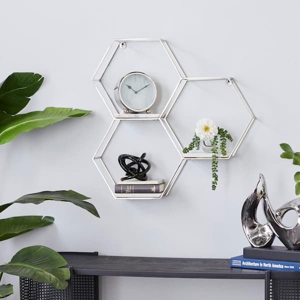 26 in. x 24 in. Silver Hexagon Metal Geometric Wall Shelf with 3 Marble Shelves