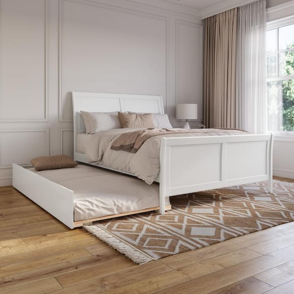 Portland White Solid Wood Frame Queen Platform Bed with Matching Footboard and Twin XL Trundle
