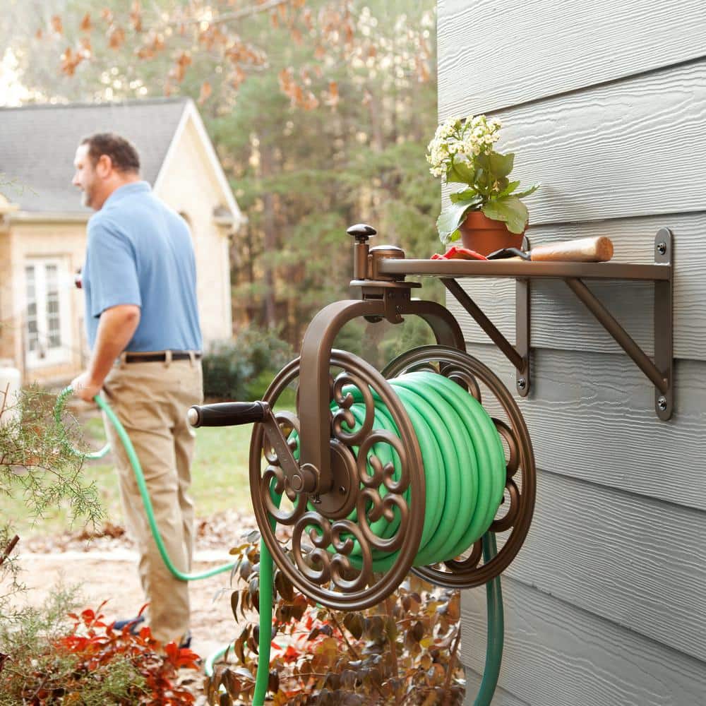 Brown Steel Wall Mount Rotating Hose Reel with Storage Tray