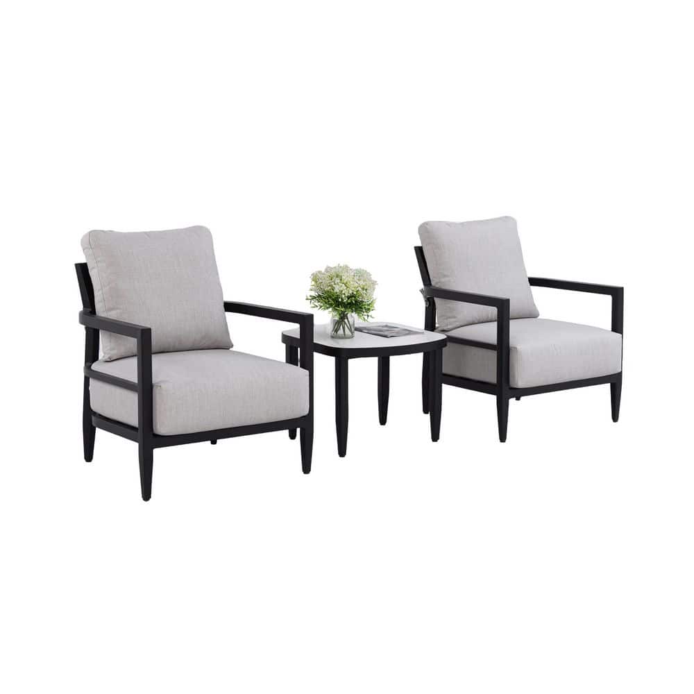 3-Piece Black Aluminum Outdoor Lounge Chair Conversation Set With Gray Sunbrella Cushions and Sintered Stone Side Table price history on PriceWatchPro