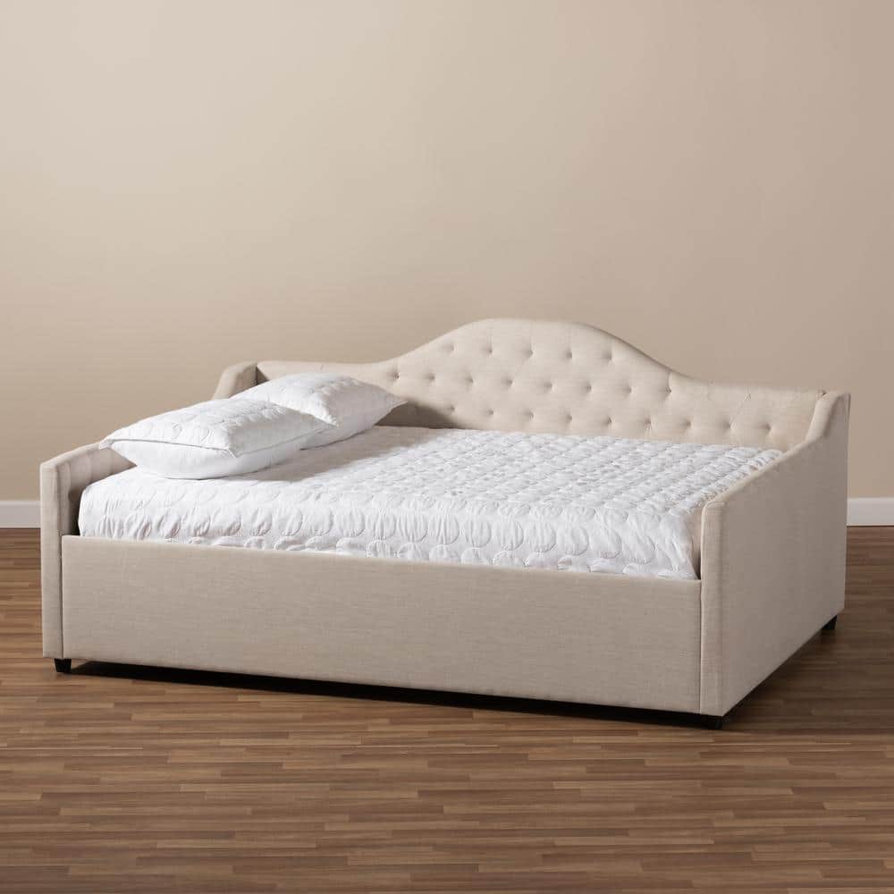 Light Beige Full Size Upholstered Daybed with Tufted Headboard