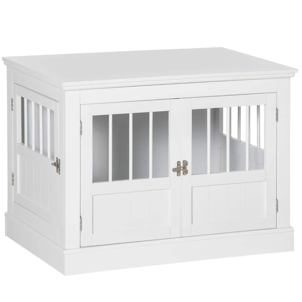 Small White Wooden Dog Crate End Table with Triple Doors