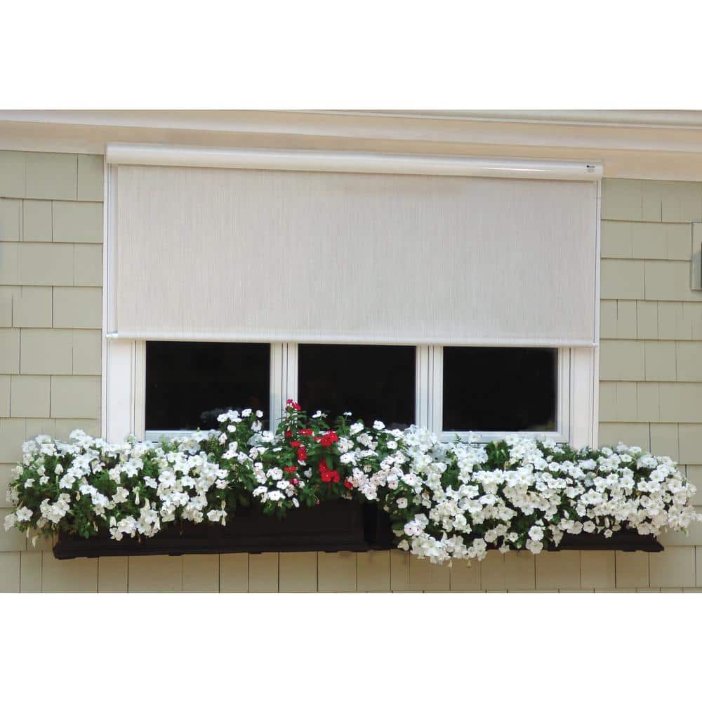 Charcoal Corded Light Filtering Motorized Vinyl Exterior Roll-Up Shade Left Motor White Cassette 120 in. W x 84 in. L, Custom price history on PriceWatchPro