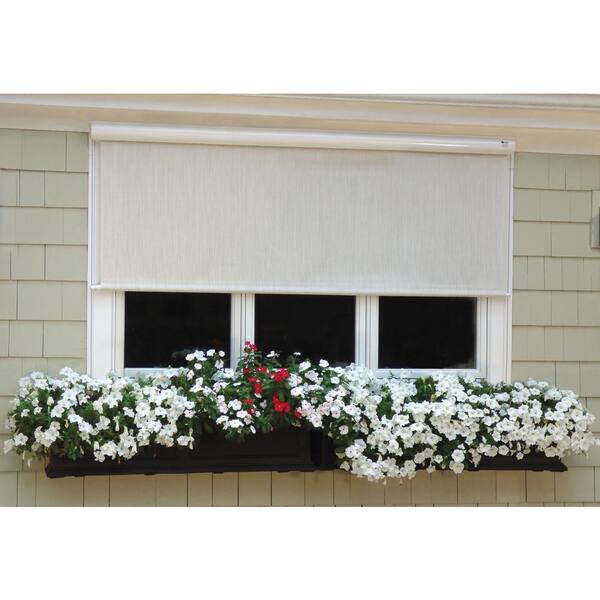 Bali Essentials Coral White Corded Light Filtering Motorized Vinyl Exterior Solar Shade Left Motor Bronze Cassette 36 in. W x 84 in. L