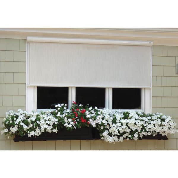 Bali Essentials Desert Sand Corded Light Filtering Motorized Vinyl Exterior Roll Shade Left Motor White Cassette 102 in. W x 84 in. L