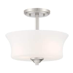 Bronson 12 in. 2-Light Brushed Nickel Semi Flush Mount Light with Frosted Glass Shade