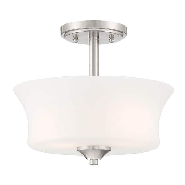 Designers Fountain Bronson 12 in. 2-Light Brushed Nickel Mid-century Entryway Semi-Flush Mount with Frosted Glass Shade
