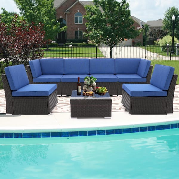 Miscool Anky Black/Brown 7-Piece Rattan Wicker Patio Conversation Sectional Seating Set with Olefin Blue Cushions