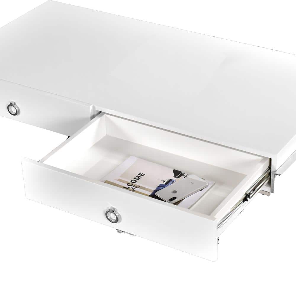 Luxe White High Gloss 47" Writing Desk with Stainless Steel Frame & Drawers