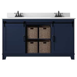 60 in. W x 22 in. D x 37.9 in. H Barn Door Double Bathroom Vanity Side Cabinet in Insignia Blue with White Marble Top