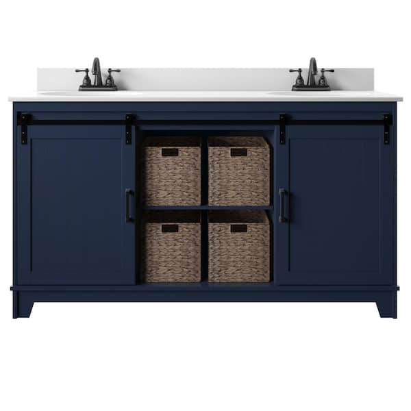 Twin Star Home 60 in. W x 22 in. D x 37.9 in. H Barn Door Double Bathroom Vanity Side Cabinet in Insignia Blue with White Marble Top