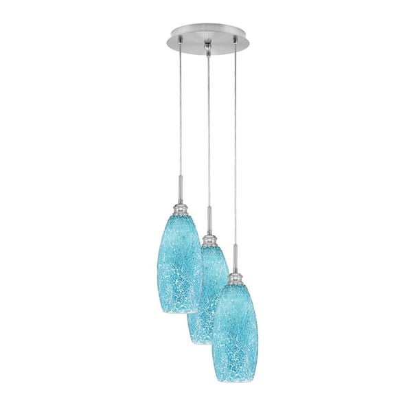 Unbranded Savannah 10.5 in. 3-Light Brushed Nickel Cord Pendant Light Turquoise Fusion Glass Shade