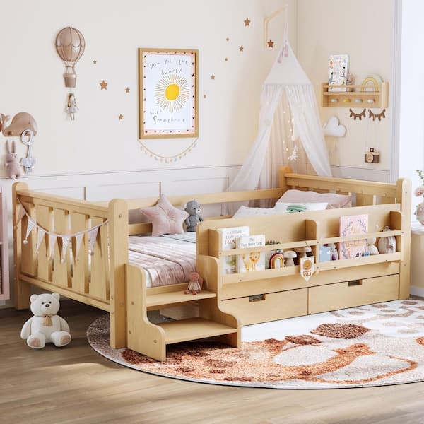 Light Natural Twin Size Kids Bed with Storage Bookcases and Drawers,cute Stairs and Guardrails