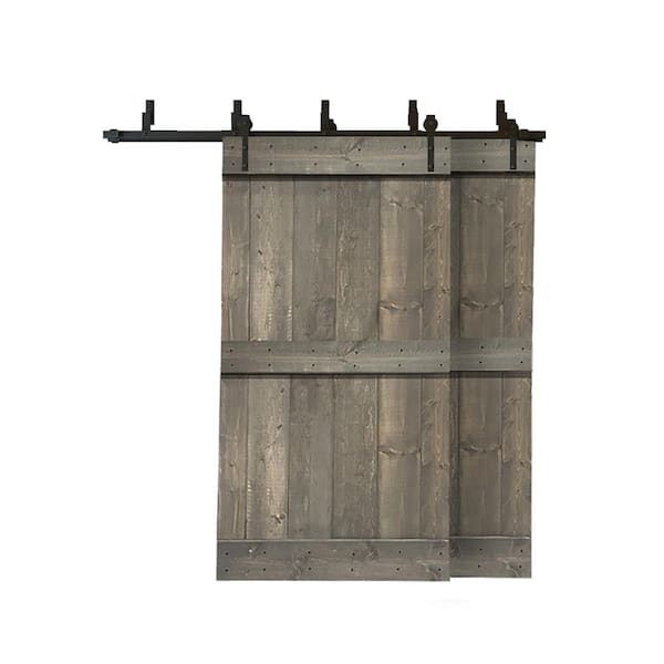 CALHOME 84 in. x 84 in. Mid-Bar Bypass Weather Gray Stained Solid Pine Wood Interior Double Sliding Barn Door with Hardware Kit