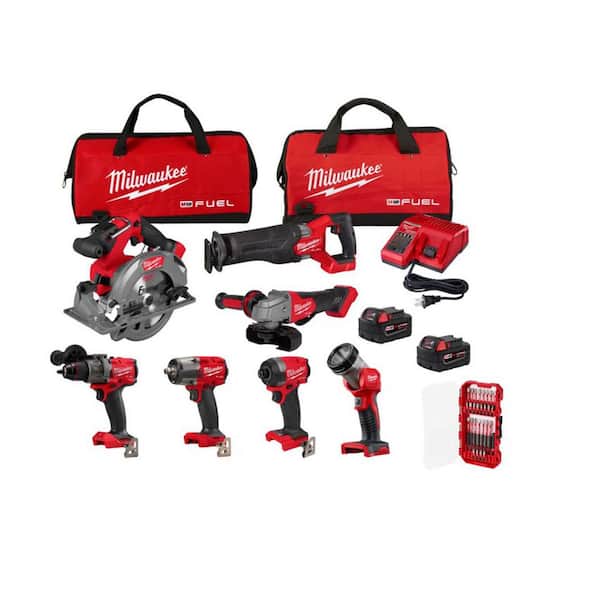 M18 FUEL 18V Brushless Cordless 7-Tool Combo Kit w/ (2) 5.0Ah Batteries, Charger, 2 Bags with SHOCKWAVE 28-Pc Impact Set