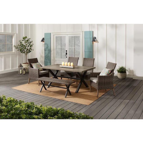 Hampton Bay Rock Cliff 6 Piece Brown, Wooden Bench Outdoor Dining Table