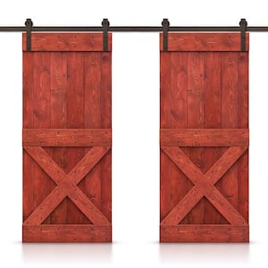 Mini X 40 in. x 84 in. Cherry Red Stained DIY Solid Pine Wood Interior Double Sliding Barn Door with Hardware Kit