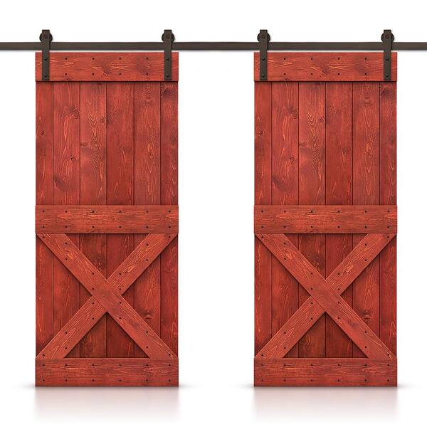 CALHOME Mini X 44 in. x 84 in. Cherry Red Stained DIY Solid Pine Wood Interior Double Sliding Barn Door with Hardware Kit