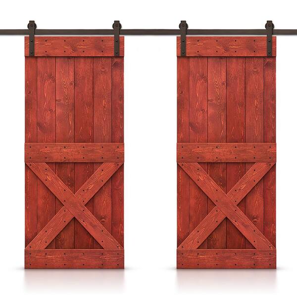 CALHOME Mini X 80 in. x 84 in. Cherry Red Stained DIY Solid Pine Wood Interior Double Sliding Barn Door with Hardware Kit