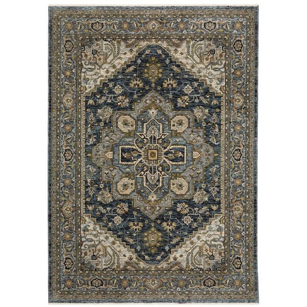Ambrose Blue 10 ft. x 13 ft. Traditional Oriental Medallion Polyester Fringe Edge Indoor Area Rug