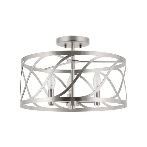 Kira Home Isabelle 60-Watt 3-Light Brushed Nickel Transitional Semi-Flush with Brushed Nickel Shade, No Bulb Included