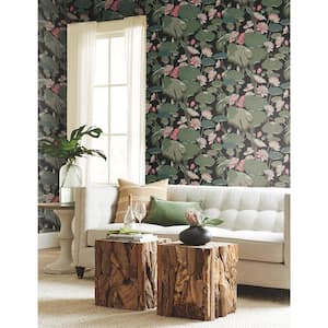 Lotus Pond Midnight/Flamingo Multi-Colored Matte Pre-pasted Paper Wallpaper 60.75 sq. ft