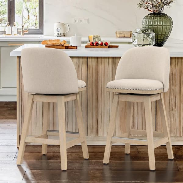 26 in. Linen Color Fabric Upholstered Wood Frame Swivel Counter Height Bar Stool (Set of 2)