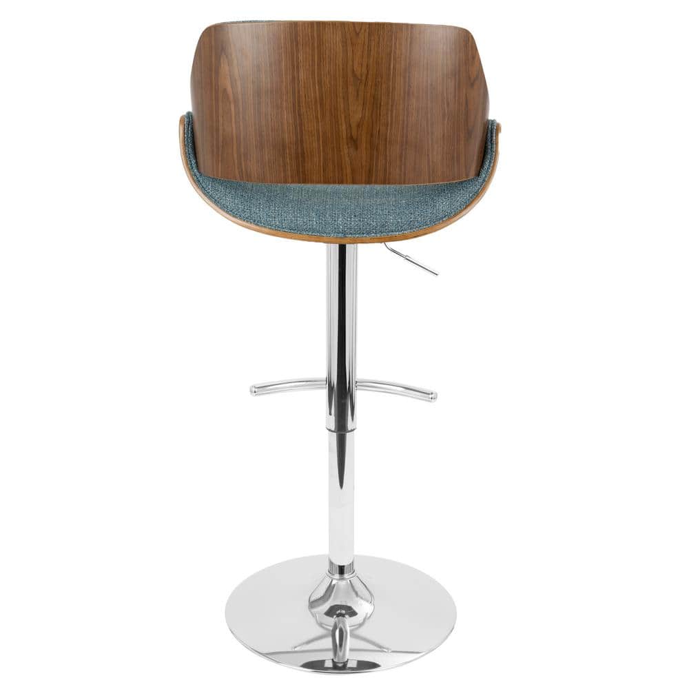 Contemporary Walnut & Blue Swivel Adjustable Barstool