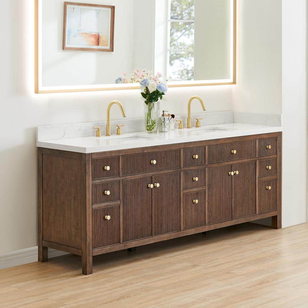 Cerrito 84" Brown Oak Double Vanity with White Stone Top
