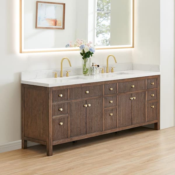 Cerrito 84 in. Double Sink Freestanding Brown Oak Bath Vanity with Grain White Engineered Stone Top Assembled