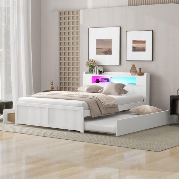 White Wood Frame Queen Size Platform Bed with LED and Twin Size Trundle