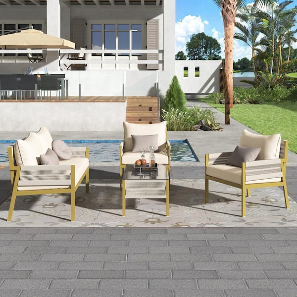 AUTMOON 4-Piece Rope Patio Conversation Set with Coffee Table (Beige and Mustard Yellow)