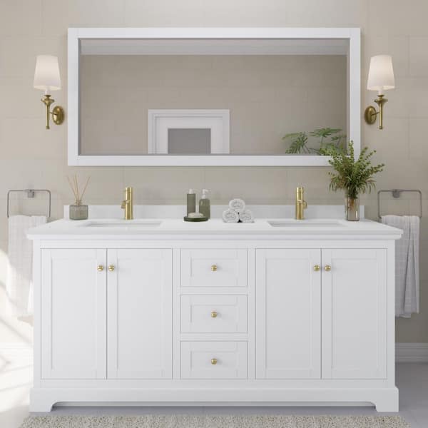 Wyndham Collection Avery 72 in. W x 22 in. D x 35 in. H Double Sink Bath Vanity in White with White Cultured Marble Top