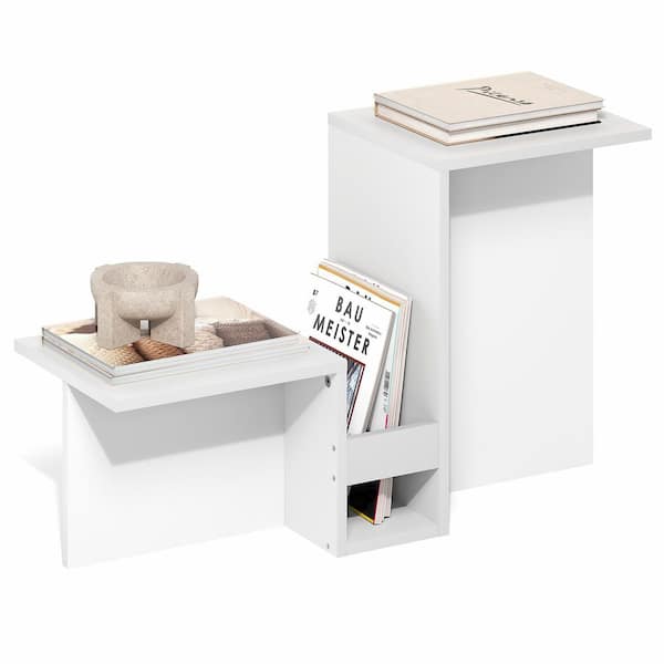Furinno BOYATE Side Table, Valley Shaped End Table, with Tiered Levels and Magazine Rack, for Living Room, White