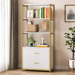 Earlimart 60 in. White and Gold Wood and Metal 4-Shelf Standard Bookcase with 2-Drawers
