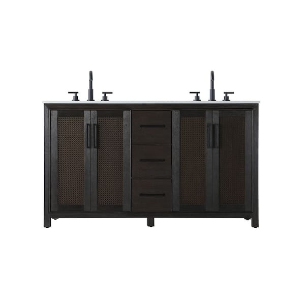 60 in. Double Sink Chocolate Oak Bath Vanity with White Engineered Marble Top