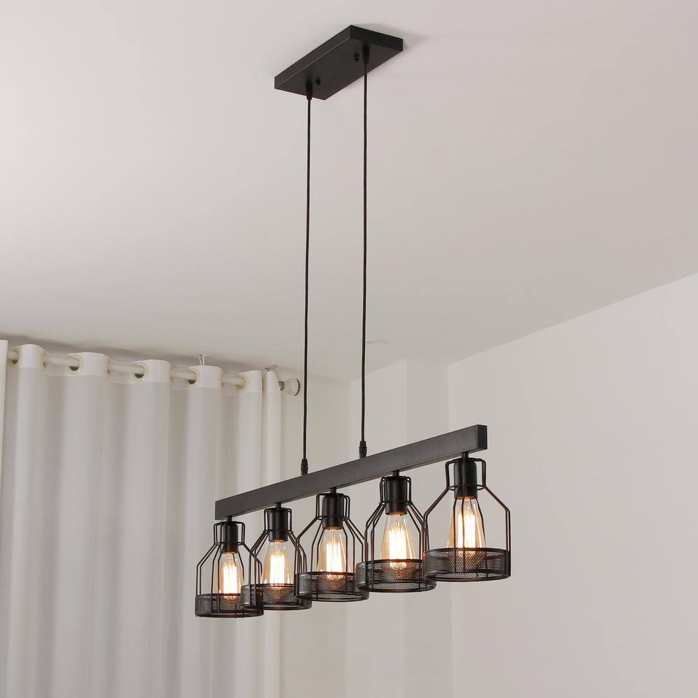 Black Metal Cage 5-Light Linear Island Chandelier