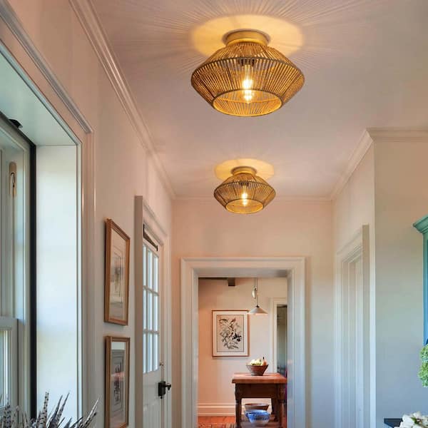 12.6 in. 1-Light Yellow Handcrafted Woven Rattan Lamp Shade Rustic Chandelier for Foyer Hallway