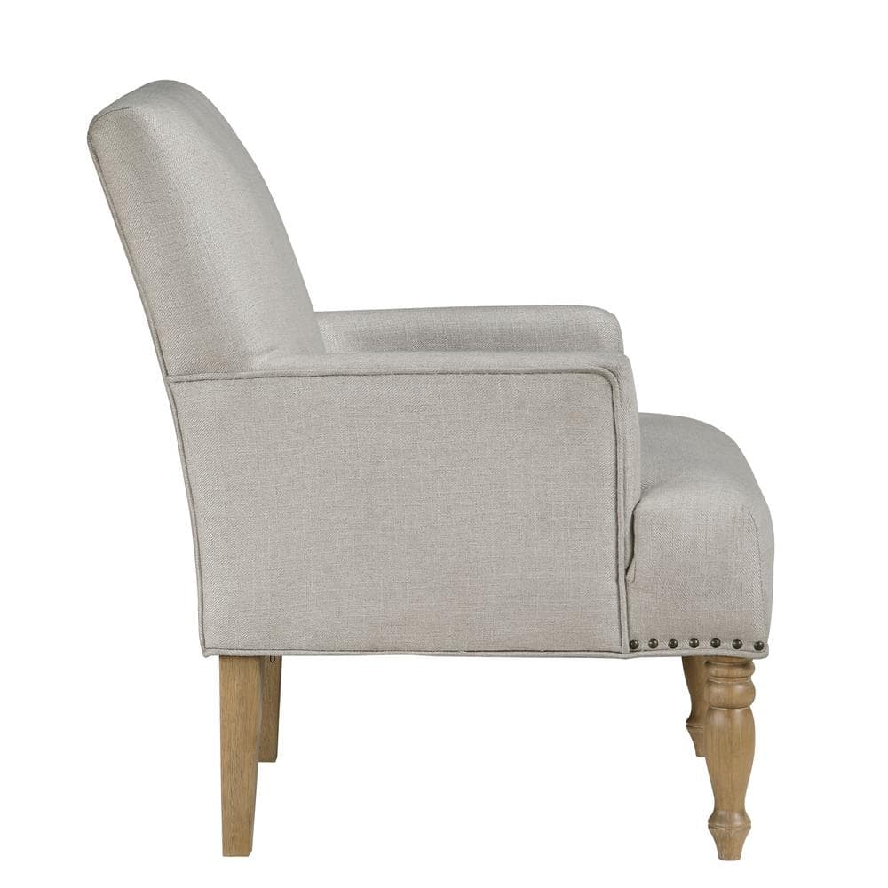 Beige Upholstered Accent Chair with Nailhead Trim and Wood Legs