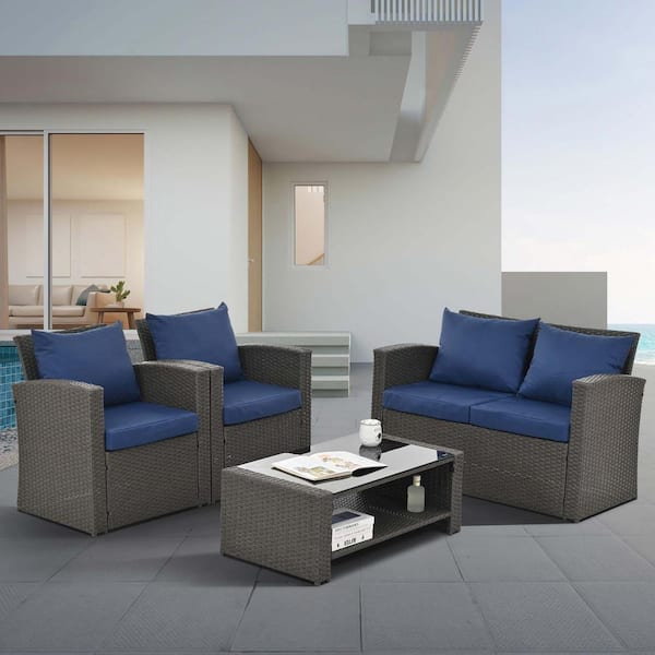 JimsMaison 4-Piece PE Wicker Patio Conversation Set with Navy Blue Cushions