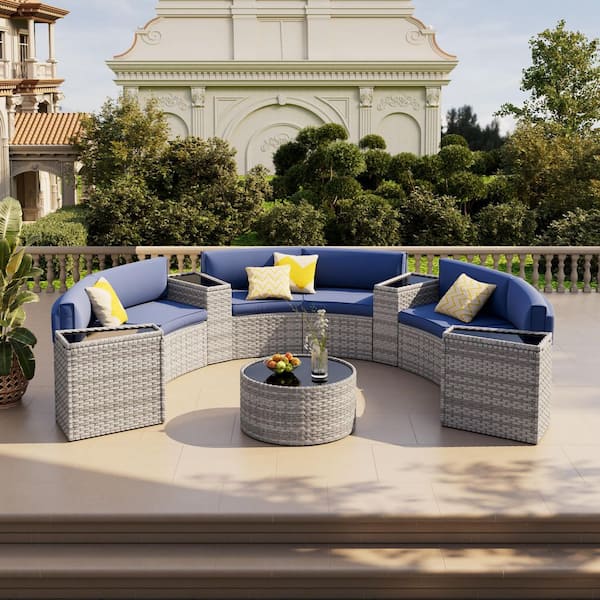 Poteban Gray 11-Piece wicker Fully Assembled Curved Patio Blue ...